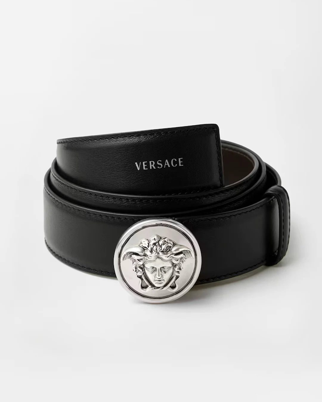 Black Leather Silver Medusa Buckle Belt