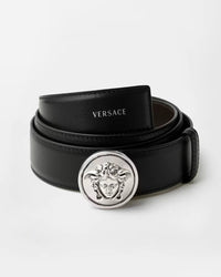 Black Leather Silver Medusa Buckle Belt