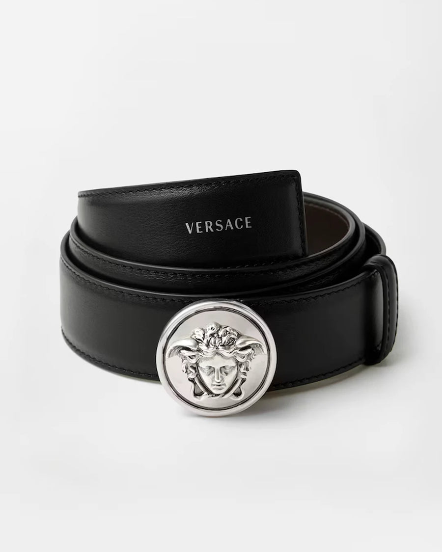 Black Leather Silver Medusa Buckle Belt - Desire by Bharat Ahuja