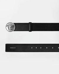 Black Leather Silver Medusa Buckle Belt
