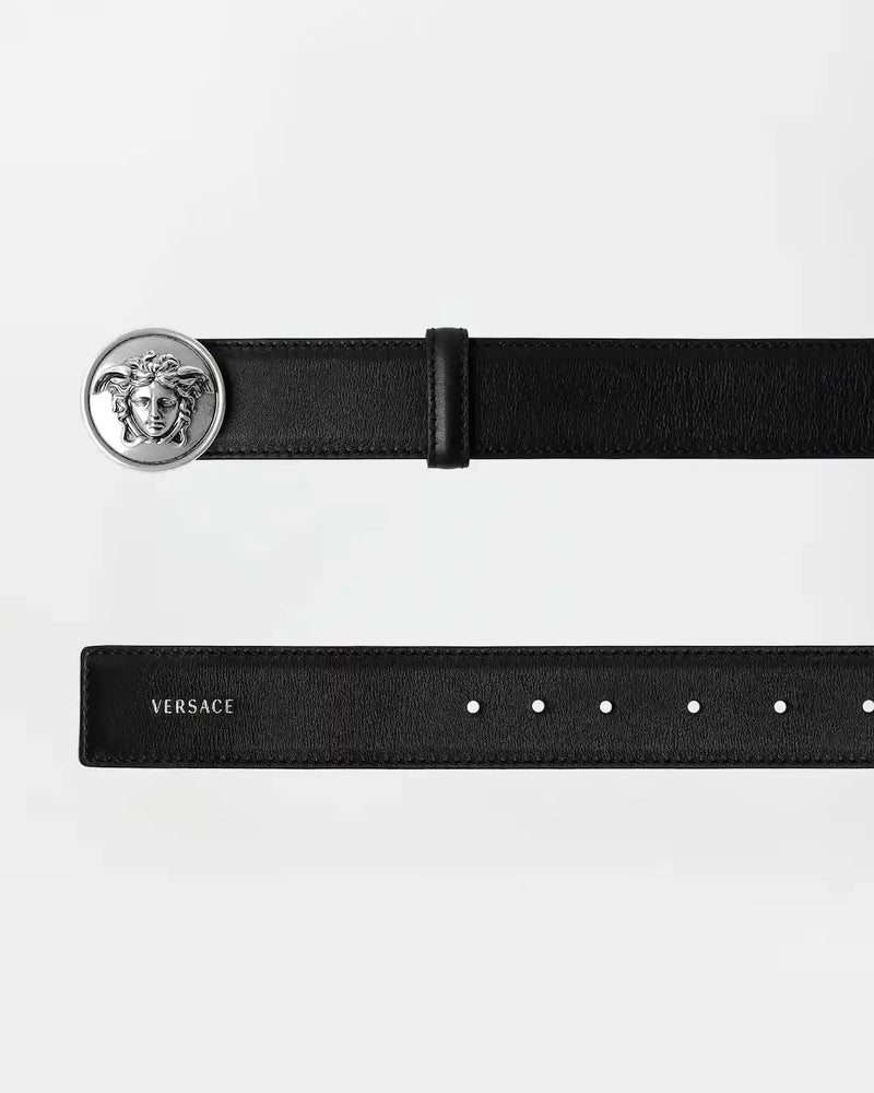 Black Leather Silver Medusa Buckle Belt