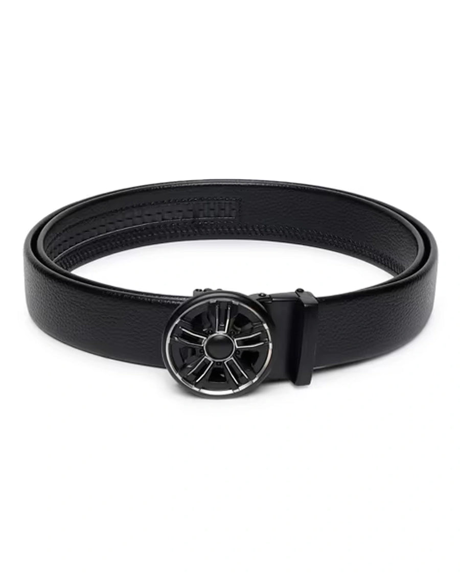 Black Leather Circular Buckle Belt - Desire by Bharat Ahuja