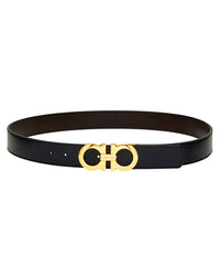 Black Leather Gold Double Ring Buckle Belt