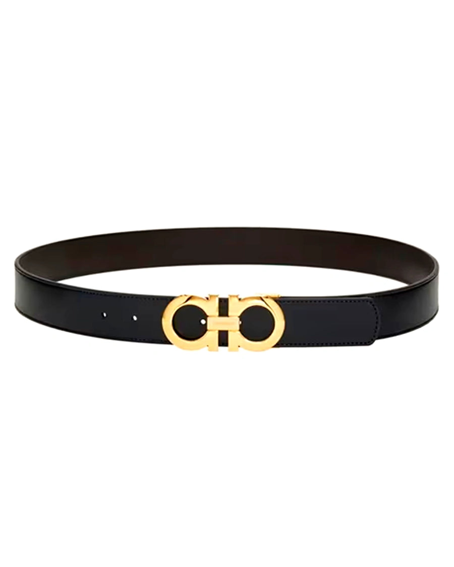 Black Leather Gold Double Ring Buckle Belt - Desire by Bharat Ahuja