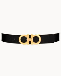 Black Leather Gold Double Ring Buckle Belt