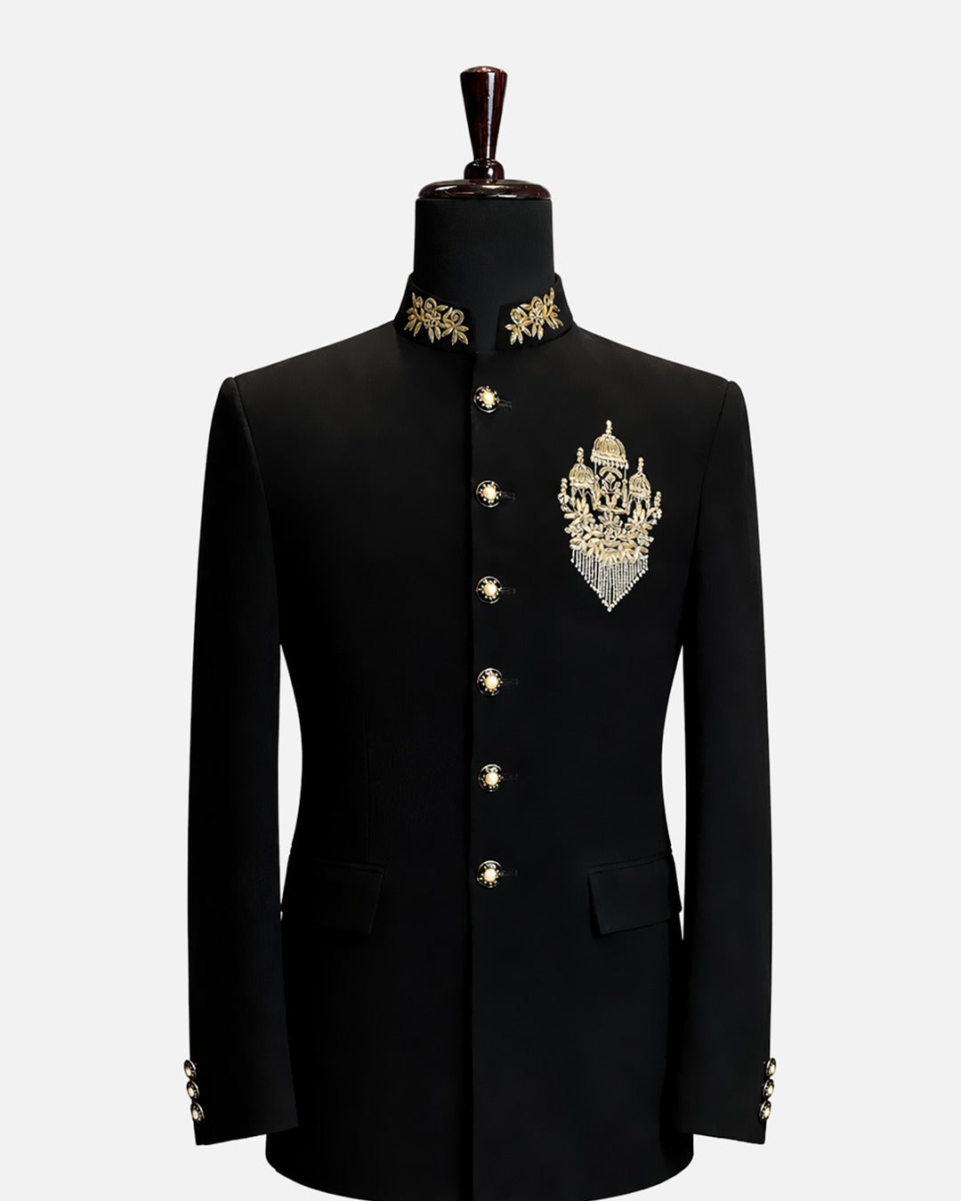 Black Royal Gold Embroidered Bandhgala Suit