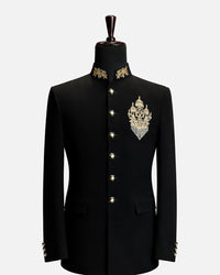 Black Royal Gold Embroidered Bandhgala Suit