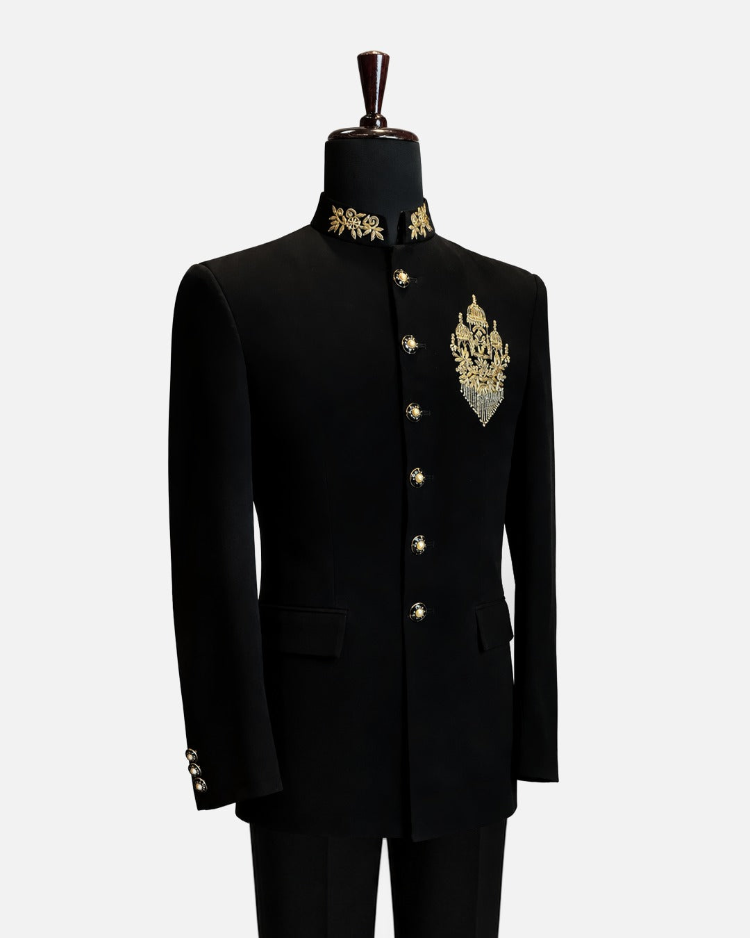 Black Royal Gold Embroidered Bandhgala Suit