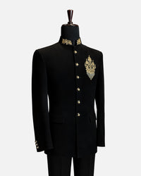 Black Royal Gold Embroidered Bandhgala Suit