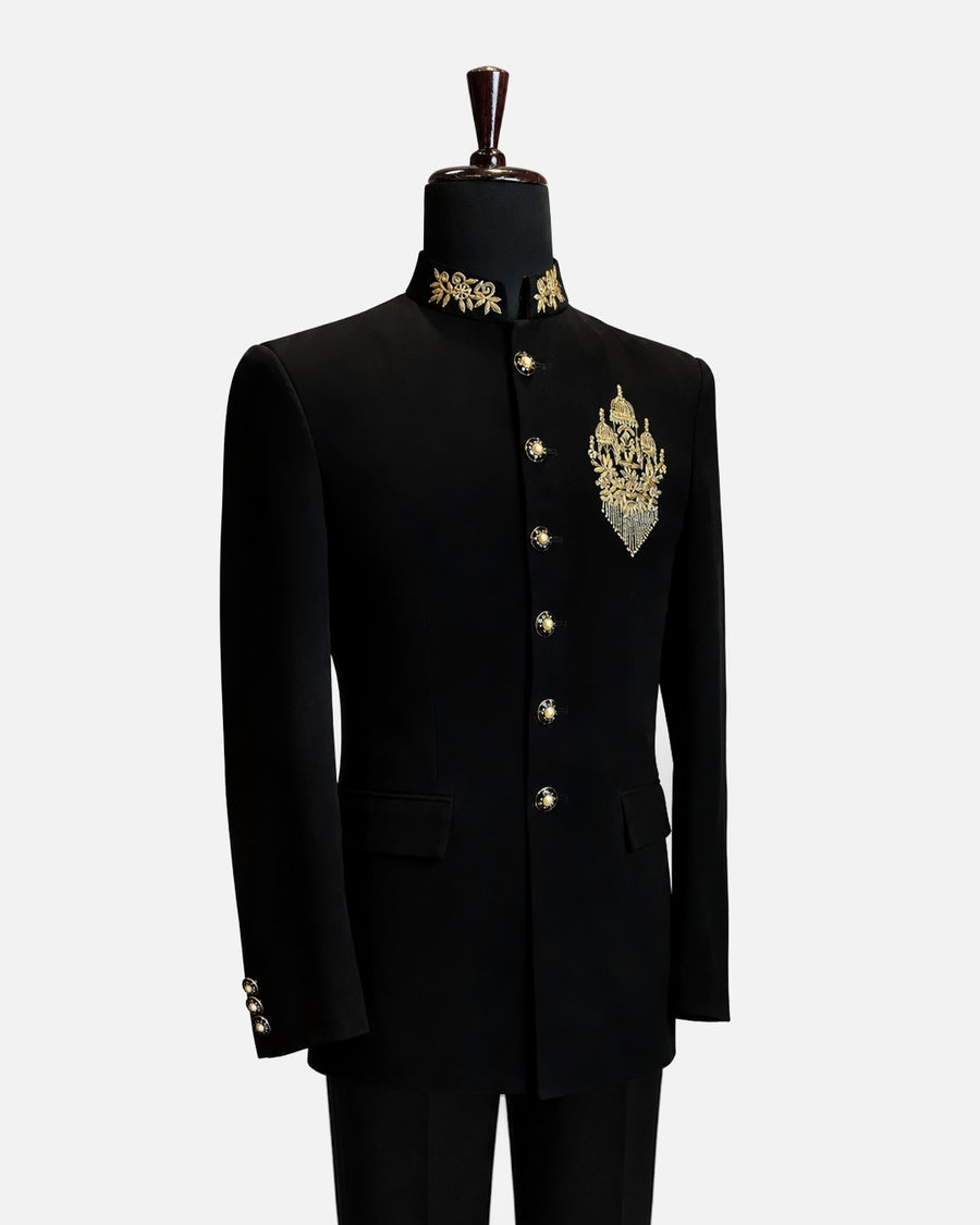 Black Royal Gold Embroidered Bandhgala Suit - Desire by Bharat Ahuja