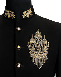 Black Royal Gold Embroidered Bandhgala Suit